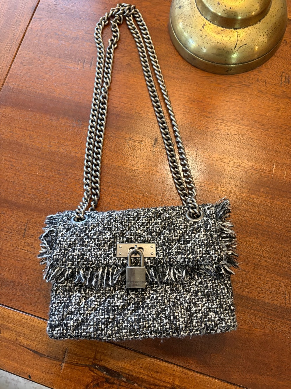 Kurt Geiger Black & White Tweed Chain Crossbody with Padlock